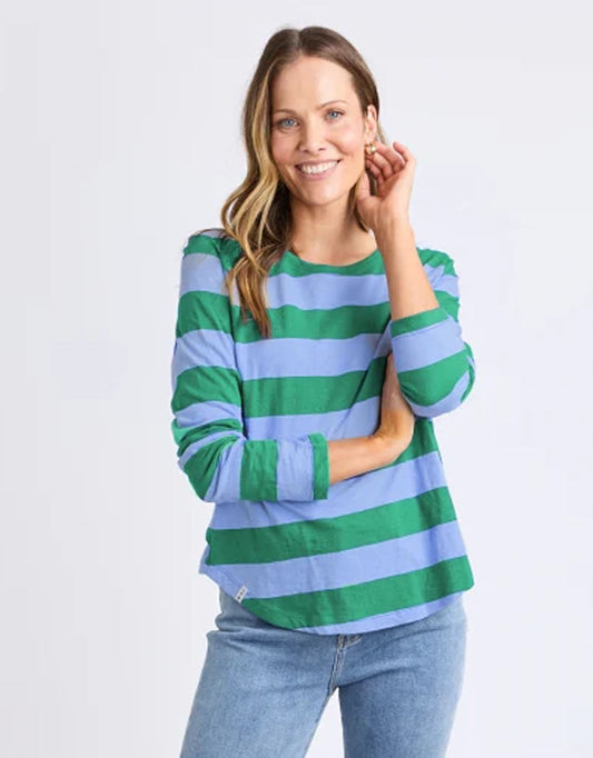 Image of a model wearing Pants. Productname: Spritz Stripe Long Sleeve Tee - in Turquoise/Light Blue Stripe colour by brand - Elm