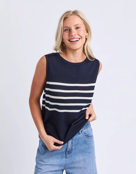 Image of a model wearing Outerwear. Product name - Striped Knit Tank Navy in Navy colour by brand - Elm