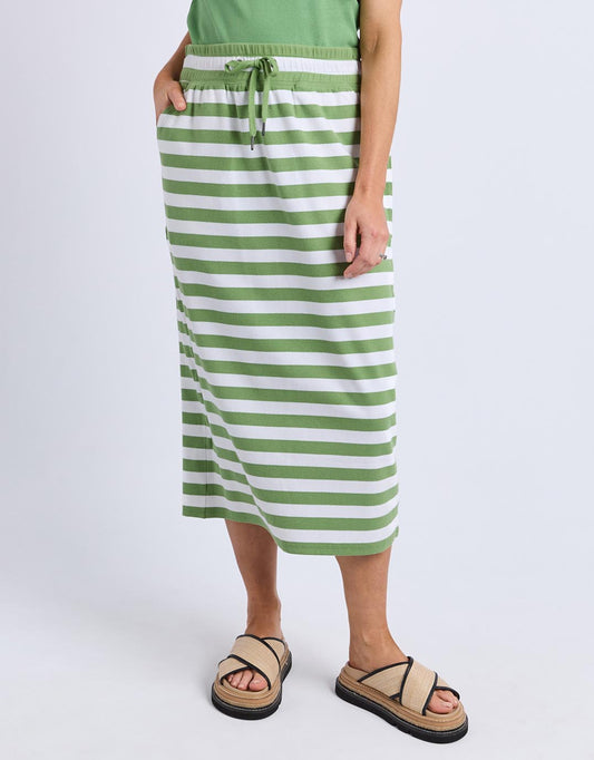 Image of a model wearing Skirts. Productname: Sunset Stripe Skirt - in Forest Green & White Stripe colour by brand - Elm
