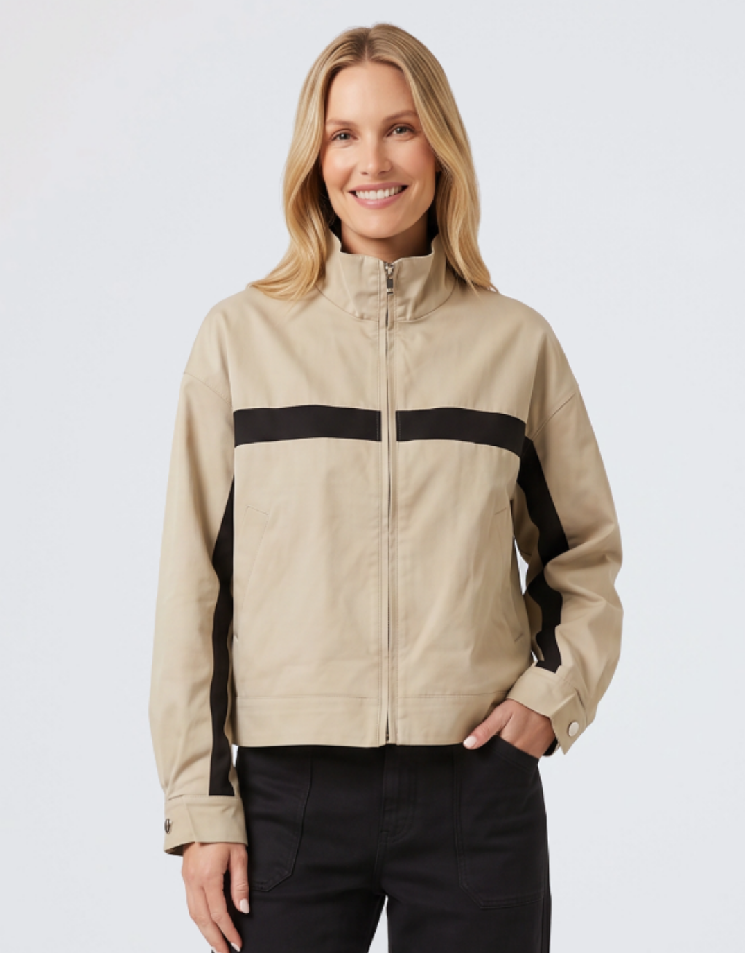 Image of a model wearing Outerwear. Product name - Emmerson Jacket Latte/Black in Latte/Black colour by brand - 132 Fashion