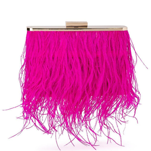 Image of Bags. Productname: ESTELLE Fuchsia Feather Clutch in Fuchsia colour by brand - Olga Berg