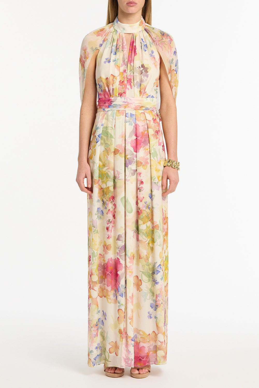 Image of Dresses. Product name - Etherea Bloom Halter Cape Gown in Multi-Colour colour by brand - Carla Zampatti