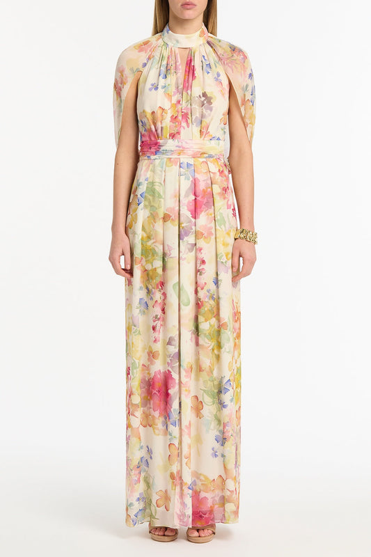 Image of Dresses. Product name - Etherea Bloom Halter Cape Gown in Multi-Colour colour by brand - Carla Zampatti