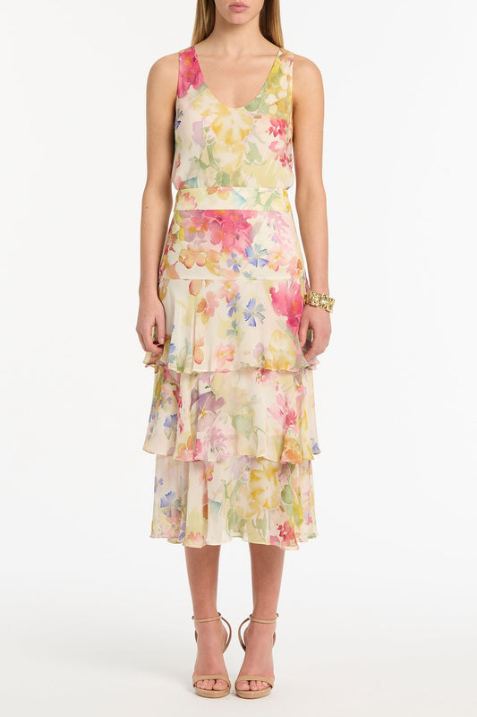 Image of a model wearing Tops. Product name - Etherea Bloom Scoop Neck Cami in Multi-Colour colour by brand - Carla Zampatti
