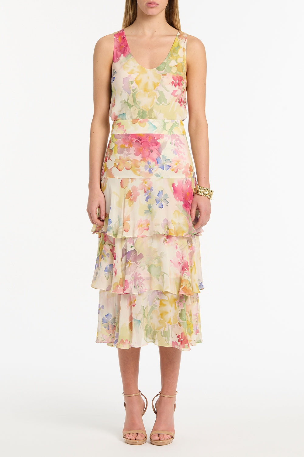 Image of a model wearing Skirts. Product name - Etherea Bloom Tiered Ruffle Skirt in Multi-Colour colour by brand - Carla Zampatti