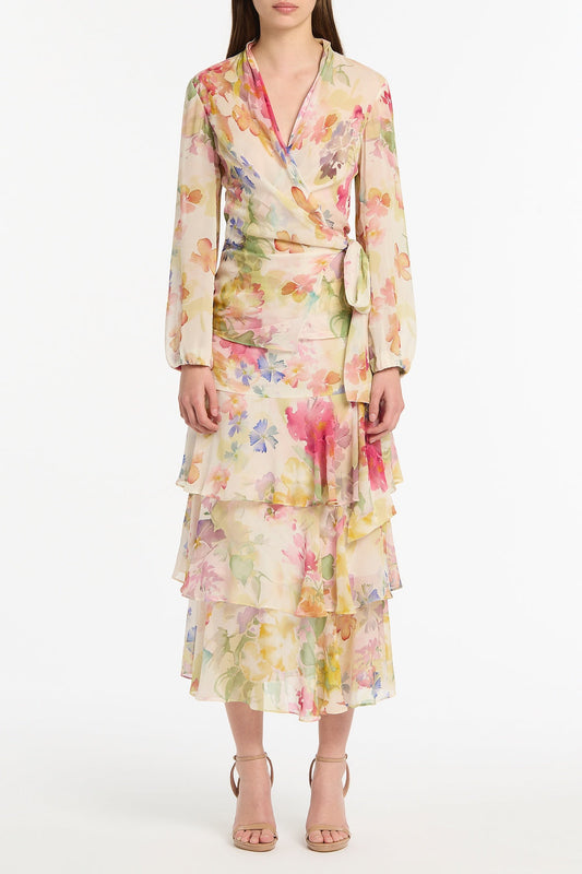 Image of a model wearing Tops. Product name - Etherea Bloom Wrap Top in Multi-Colour colour by brand - Carla Zampatti