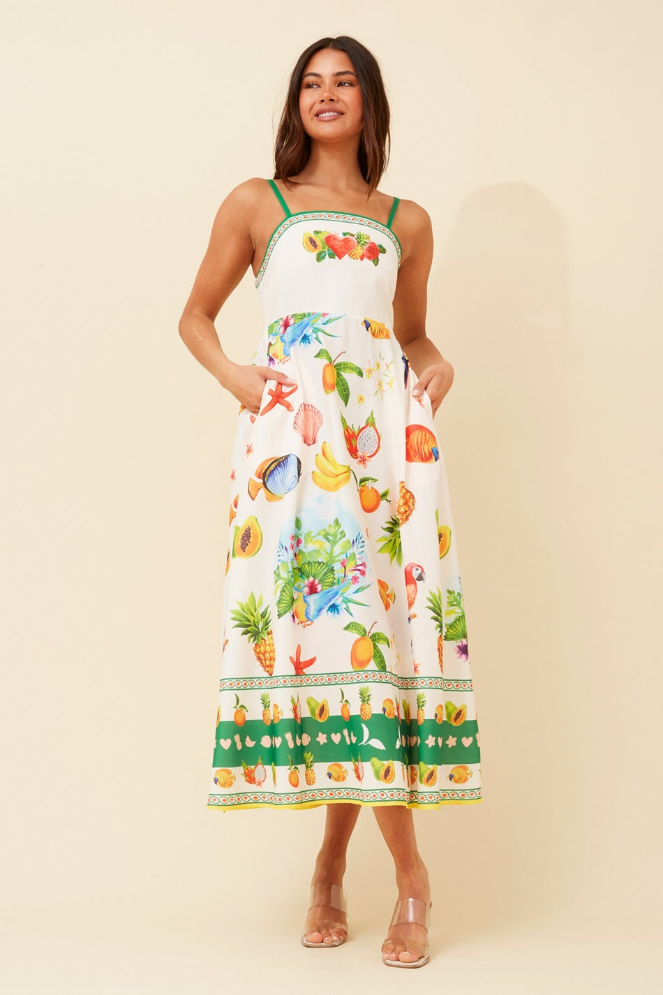Image of Dresses. Product name - JAVAN WANDERLUST MIDI DRESS in Multi Green colour by brand - Caroline Morgan Australia