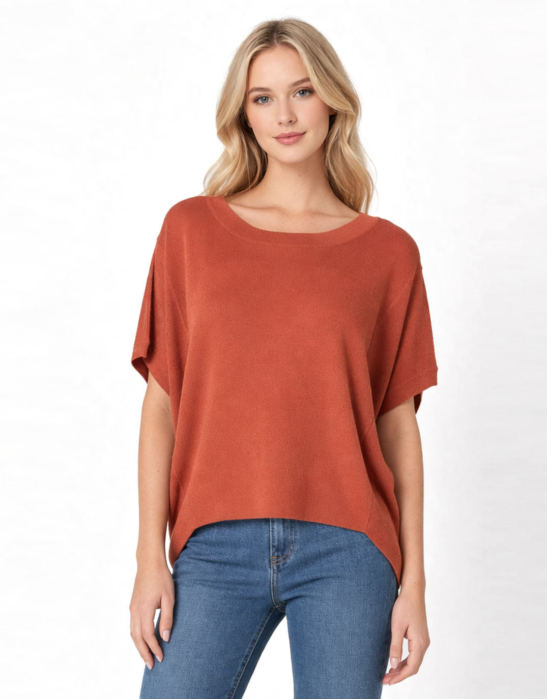 Image of a model wearing Outerwear. Product name - Esther Knit Top Cinnamon in Cinnamon colour by brand - Fate and Becker