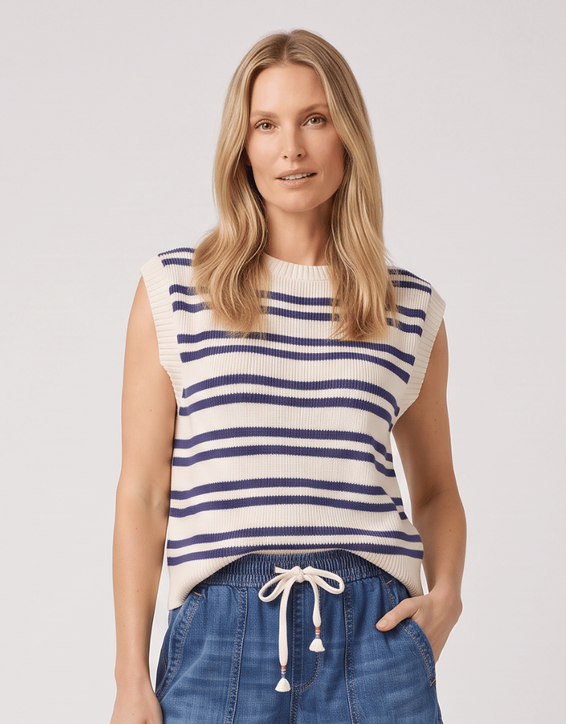 Image of a model wearing Outerwear. Product name - Flint Striped Top Vintage White in Vintage White colour by brand - Foxwood