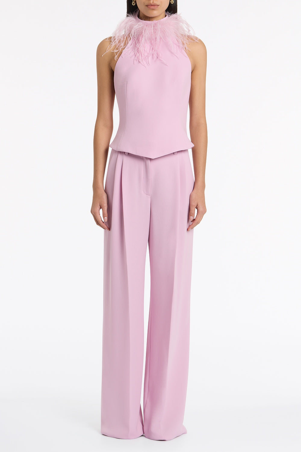 Image of a model wearing Tops. Product name - Floss Crepe Feather Detail Bodice in Pink colour by brand - Carla Zampatti