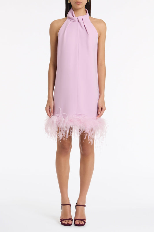 Image of Dresses. Product name - Floss Crepe Feather Mini Dress in Pink colour by brand - Carla Zampatti