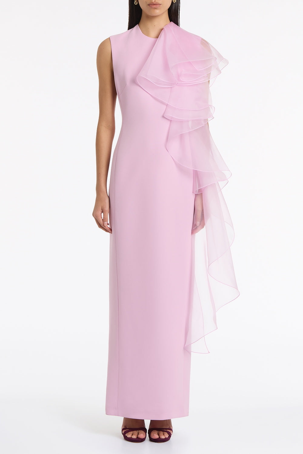 Image of Dresses. Product name - Floss Crepe Ruffle Detail Gown in Pink colour by brand - Carla Zampatti