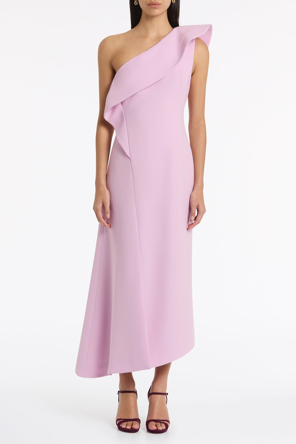 Image of Dresses. Product name - Floss Crepe Sculpted One Shoulder Midi Dress in Pink colour by brand - Carla Zampatti