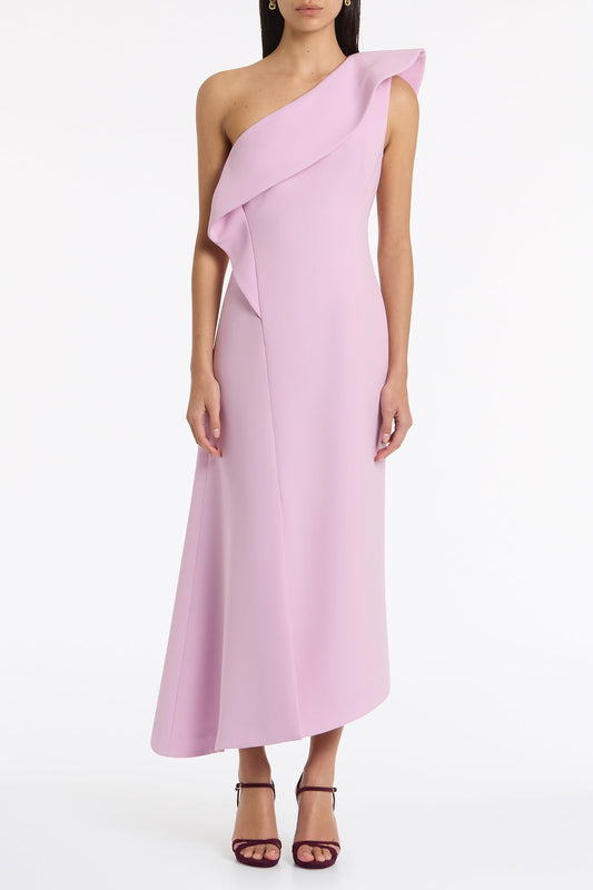 Image of Dresses. Product name - Floss Crepe Sculpted One Shoulder Midi Dress in Pink colour by brand - Carla Zampatti