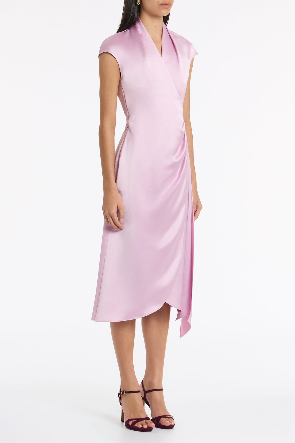 Carla Zampatti Floss Lustre Satin Cap Sleeve Wrap Midi Dress (Pink)