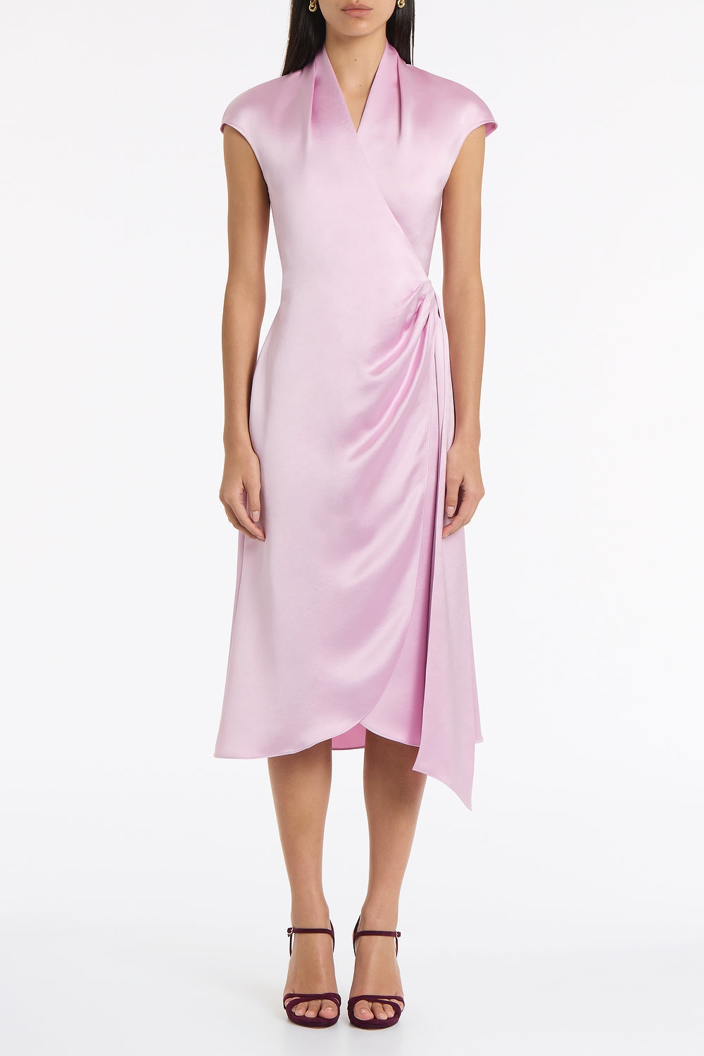 Image of Dresses. Product name - Floss Lustre Satin Cap Sleeve Wrap Midi Dress in Pink colour by brand - Carla Zampatti