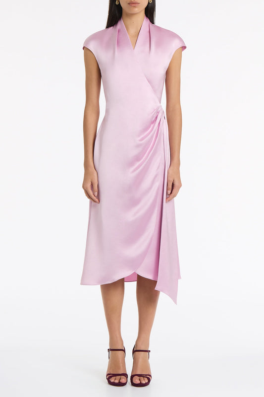 Image of Dresses. Product name - Floss Lustre Satin Cap Sleeve Wrap Midi Dress in Pink colour by brand - Carla Zampatti
