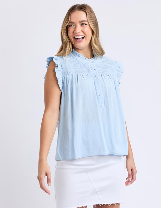 Image of a model wearing Tops. Productname: Airlie Top - in Crystal Blue colour by brand - Foxwood