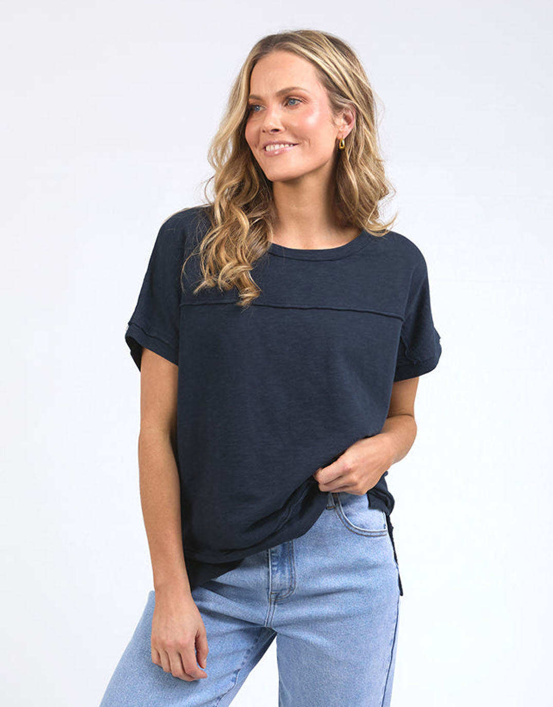 Image of a model wearing Tops. Productname: Allison Tee - in Dark Sapphire colour by brand - Foxwood
