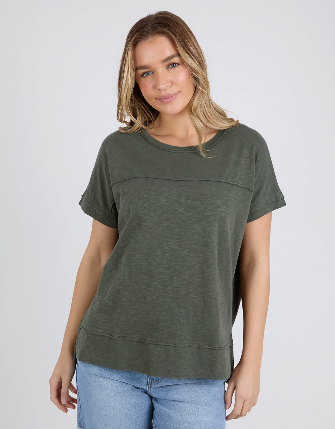 Image of a model wearing Tops. Productname: Allison Tee - in Khaki colour by brand - Foxwood