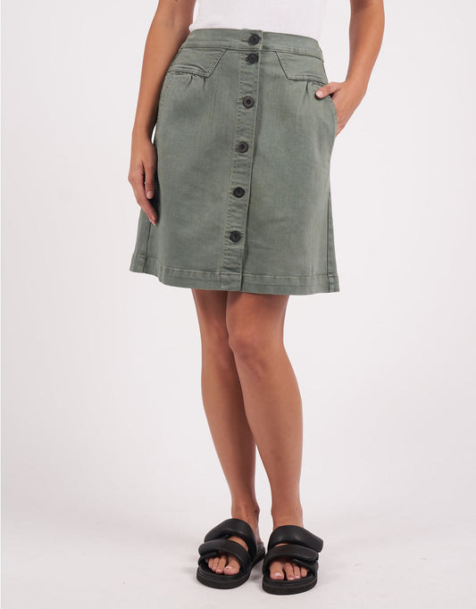 Image of a model wearing Skirts. Productname: Amanda Skirt - in Khaki colour by brand - Foxwood