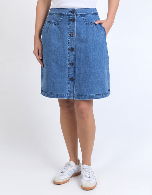 Image of a model wearing Skirts. Productname: Amanda Skirt - in Light Blue colour by brand - Foxwood