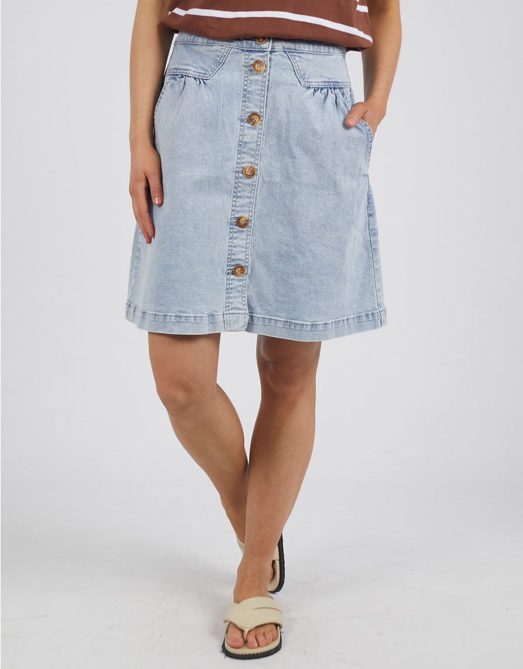 Image of a model wearing Skirts. Productname: Amanda Skirt - in Vintage Blue colour by brand - Foxwood