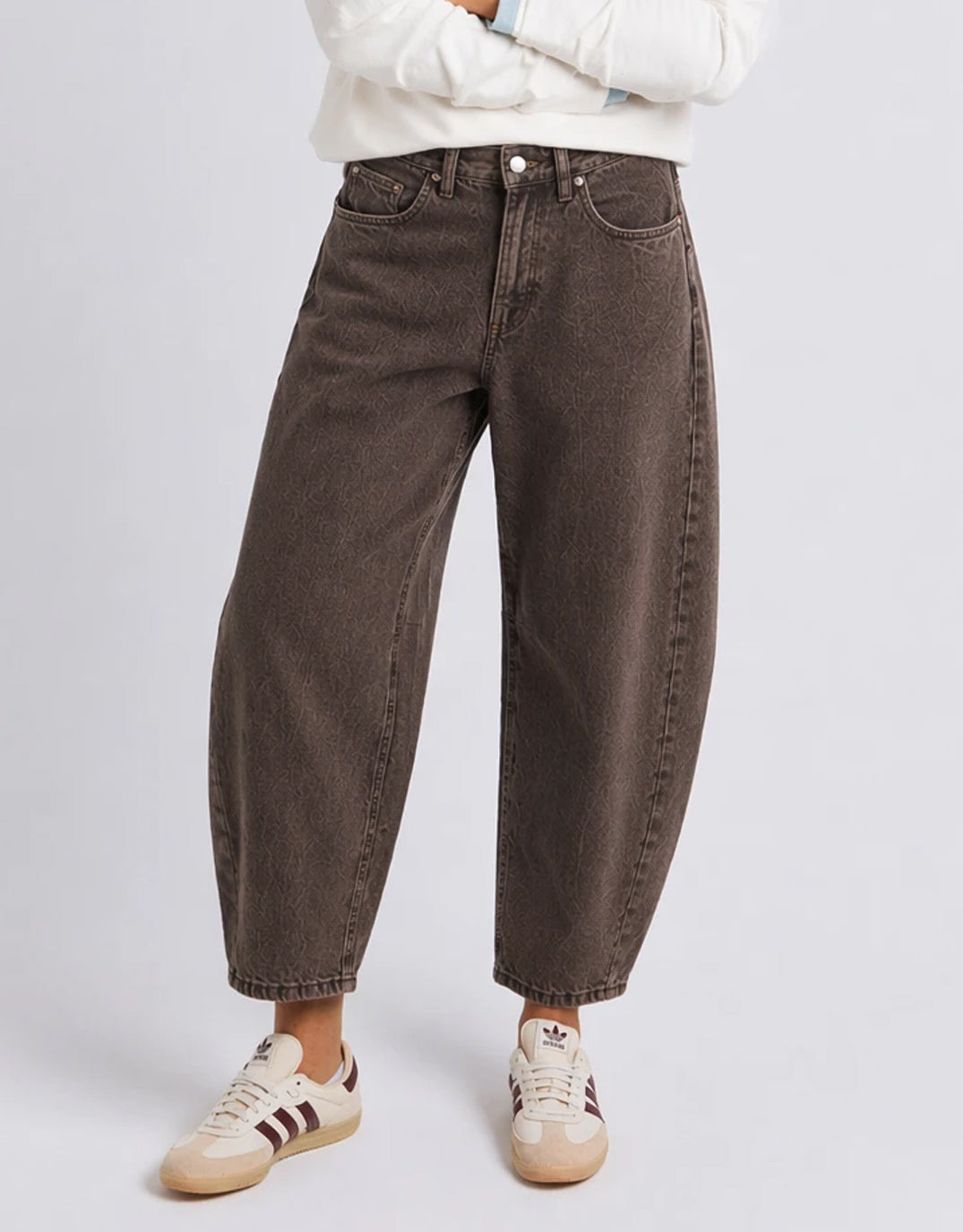 Image of Jeans. Product name - Atticus Barrel Jean Chocolate in Chocolate colour by brand - Foxwood