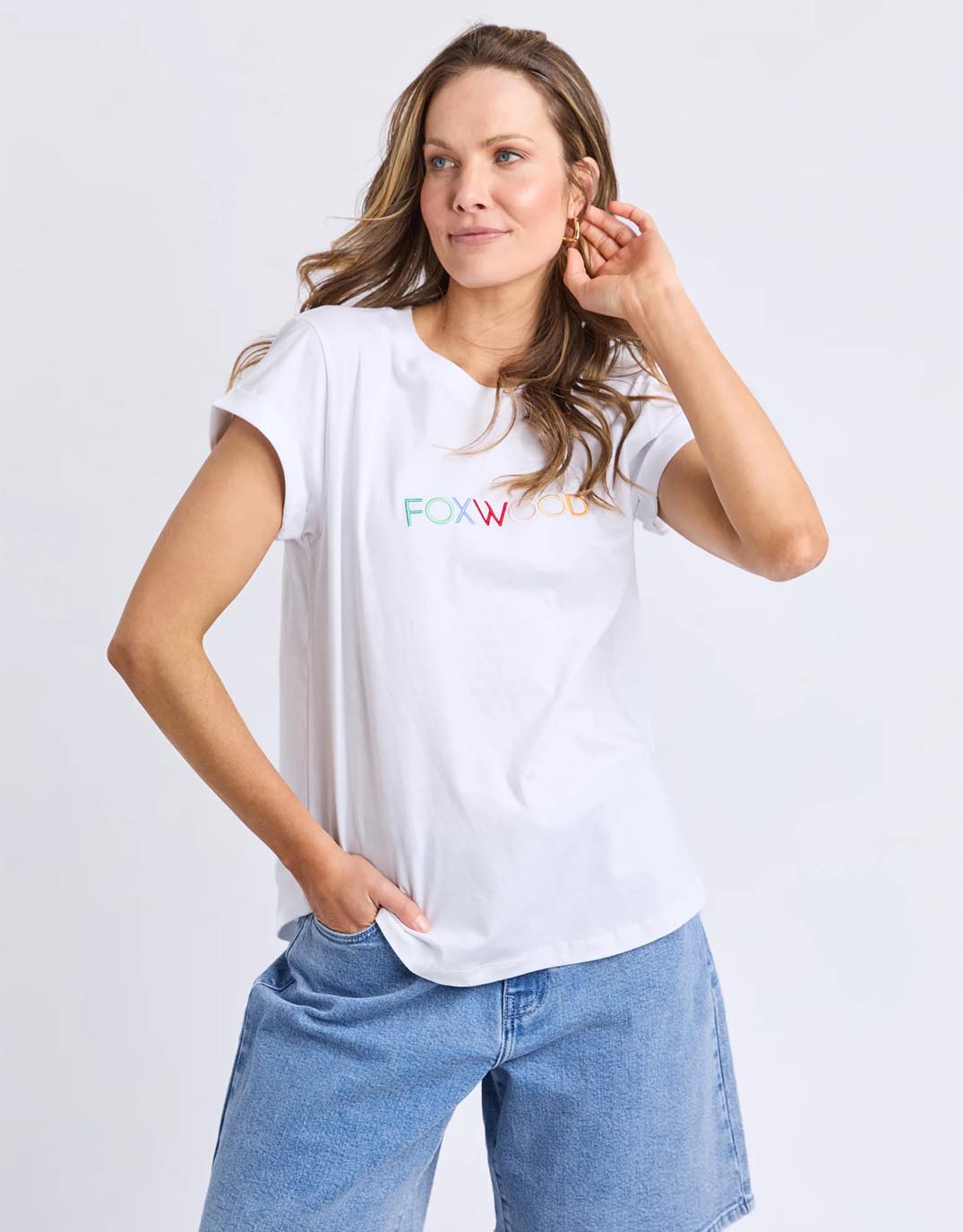 Image of a model wearing Tops. Productname: Confetti Tee - in White colour by brand - Foxwood