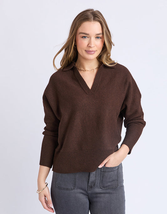 Image of a model wearing Outerwear. Product name - Elea Knit Polo Coffee in Coffee colour by brand - Foxwood