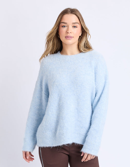 Image of a model wearing Outerwear. Product name - Flint Knit Crew Ice Blue in Ice Blue colour by brand - Foxwood