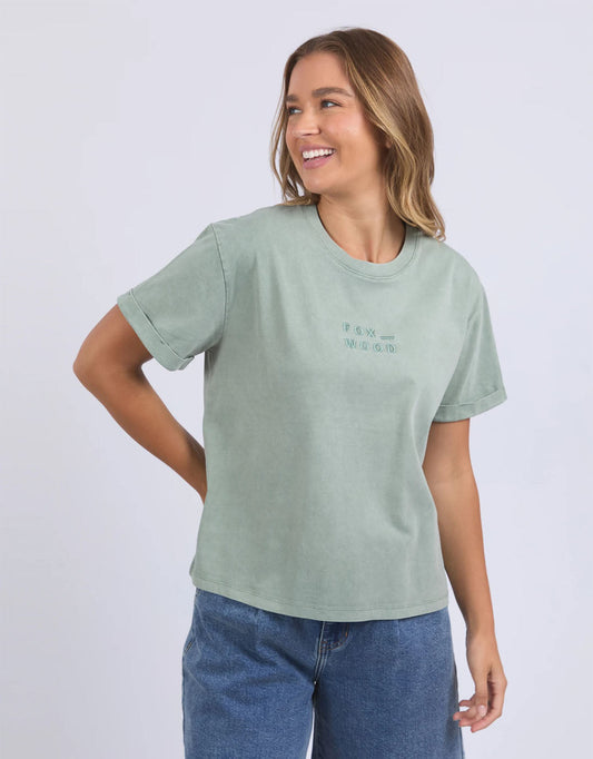 Image of a model wearing Tops. Productname: Huntleigh Oversized Tee - in Iceberg Green colour by brand - Foxwood