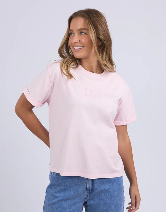 Image of a model wearing Tops. Productname: Huntleigh Oversized Tee - in Pale Pink colour by brand - Foxwood