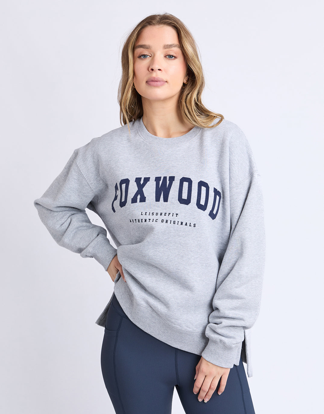 Image of a model wearing Outerwear. Product name - Intention Crew Grey Marle/Navy in Grey Marle/Navy colour by brand - Foxwood