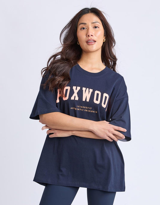 Image of a model wearing Tops. Productname: Interval Tee - in Navy colour by brand - Foxwood