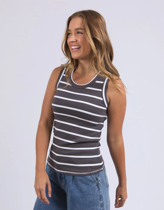 Image of a model wearing Tops. Productname: Iris Stripe Tank - in Charcoal With White Stripe colour by brand - Foxwood