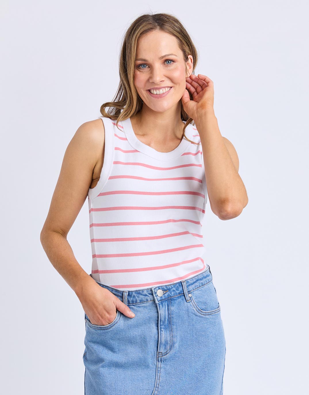 Image of a model wearing Tops. Productname: Iris Stripe Tank - in White With Rose Stripe colour by brand - Foxwood