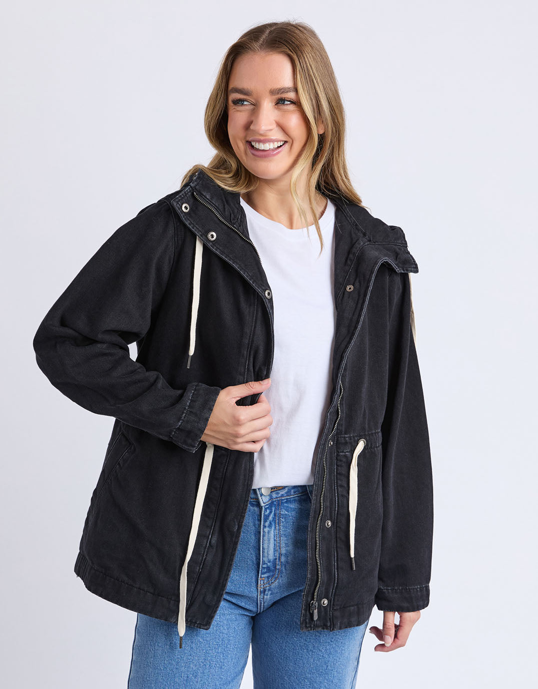 Image of a model wearing Outerwear. Productname: Kingston Anorak - in Washed Black colour by brand - Elm