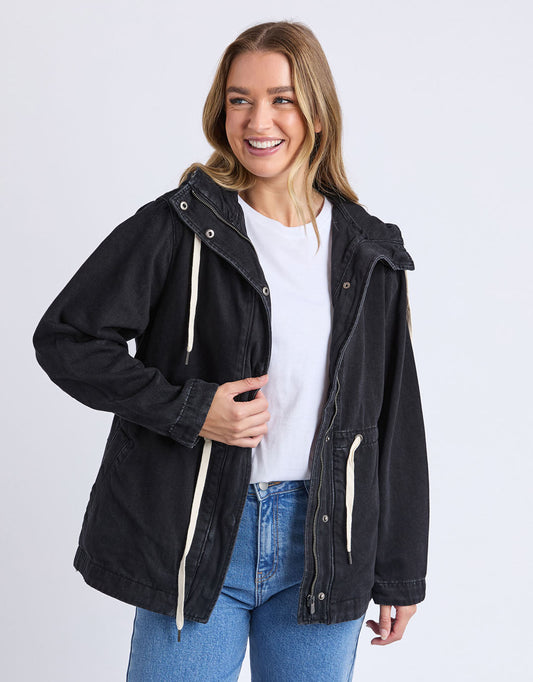 Image of a model wearing Outerwear. Productname: Kingston Anorak - in Washed Black colour by brand - Elm