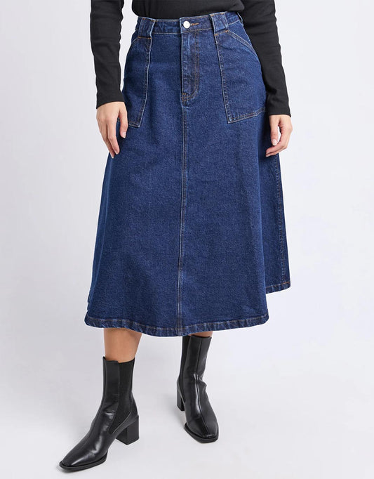 Image of a model wearing Skirts. Productname: Potter Skirt - in Indigo colour by brand - Foxwood