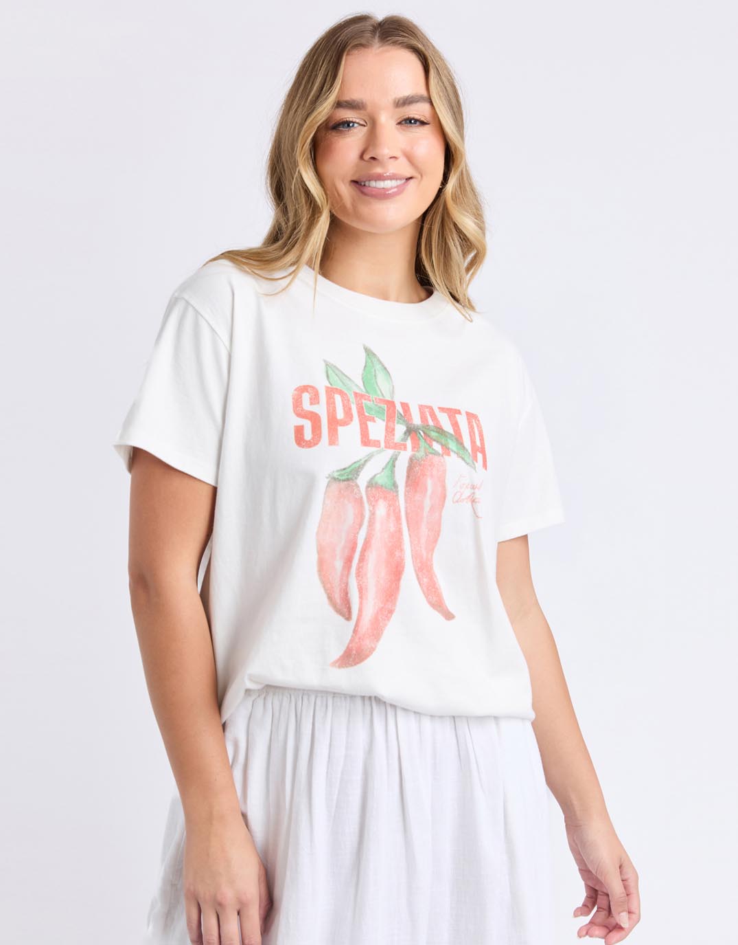 Image of a model wearing Tops. Productname: Speziata Tee - in Vintage White colour by brand - Foxwood