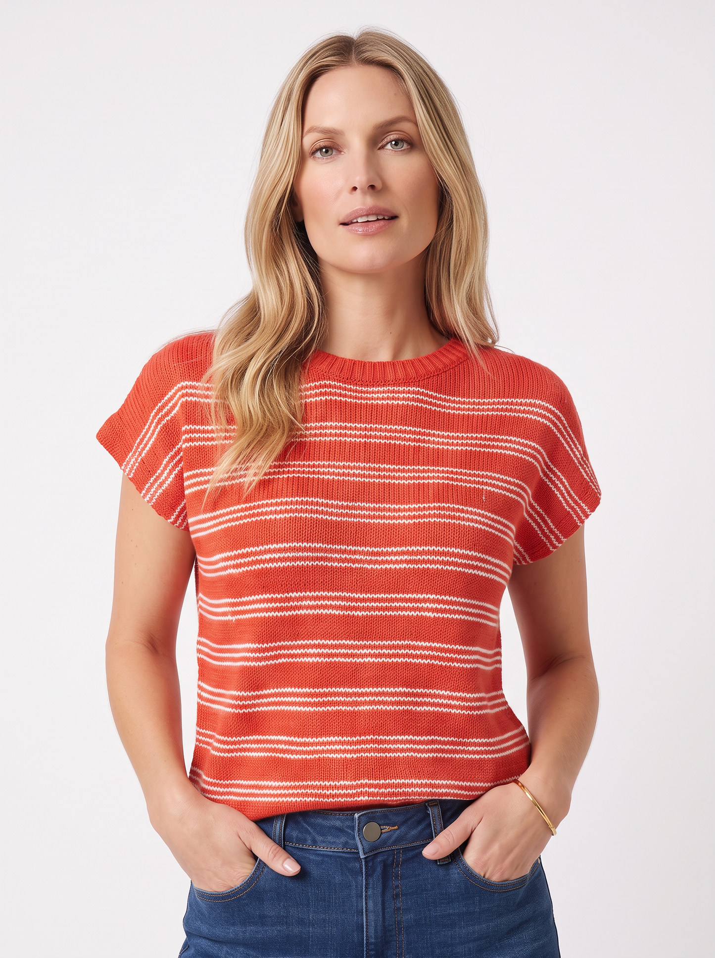Image of a model wearing Outerwear. Product name - Cleo Knit Top Red in Red colour by brand - Foxwood