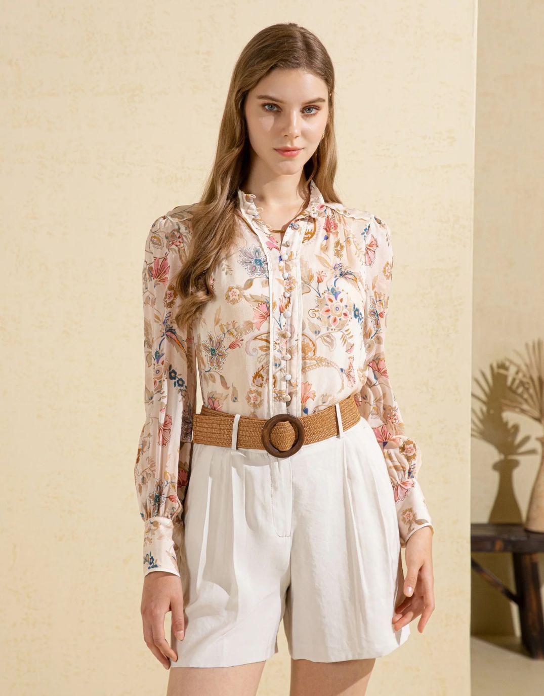 Image of a model wearing Tops. Productname: Alexandra Top - in Beige Print colour by brand - GDS