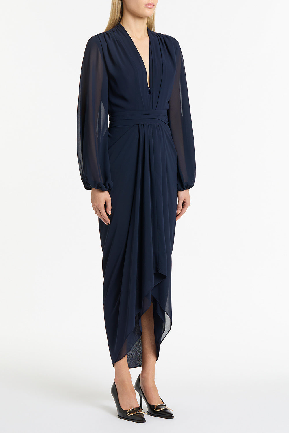 Carla Zampatti Georgette V-Neck Waterfall Dress (Navy)