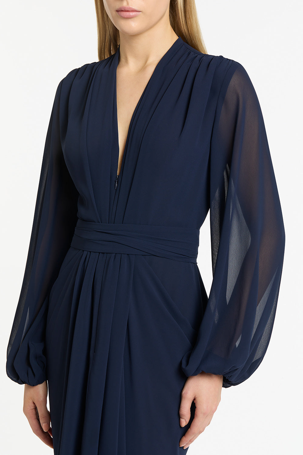 Carla Zampatti Georgette V-Neck Waterfall Dress (Navy)