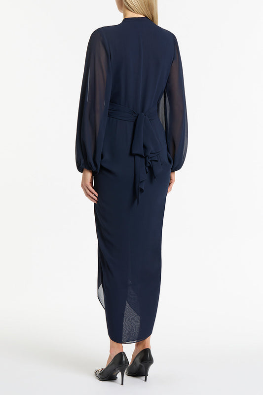 Carla Zampatti Georgette V-Neck Waterfall Dress (Navy)