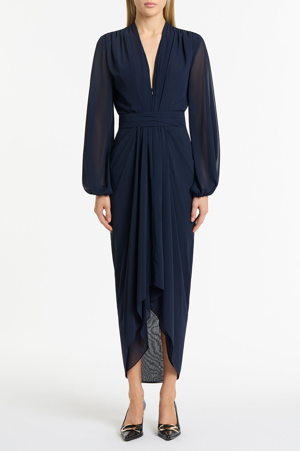 Image of Dresses. Product name - Navy Georgette V-Neck Waterfall Dress in Navy colour by brand - Carla Zampatti