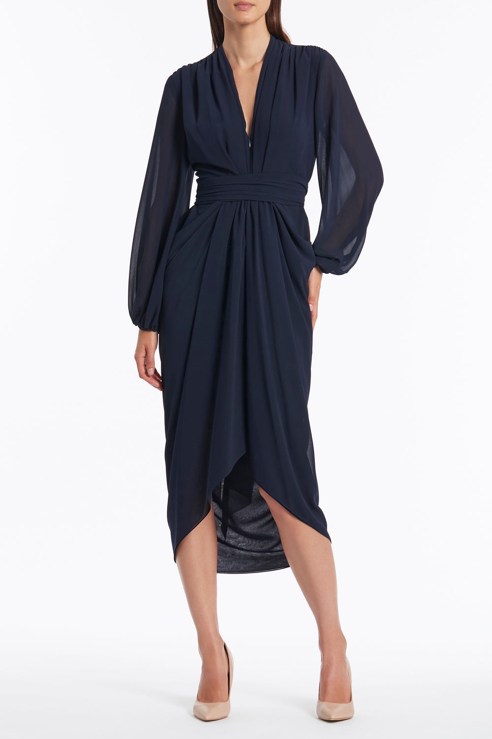 Carla Zampatti Georgette V-Neck Waterfall Dress (Navy)