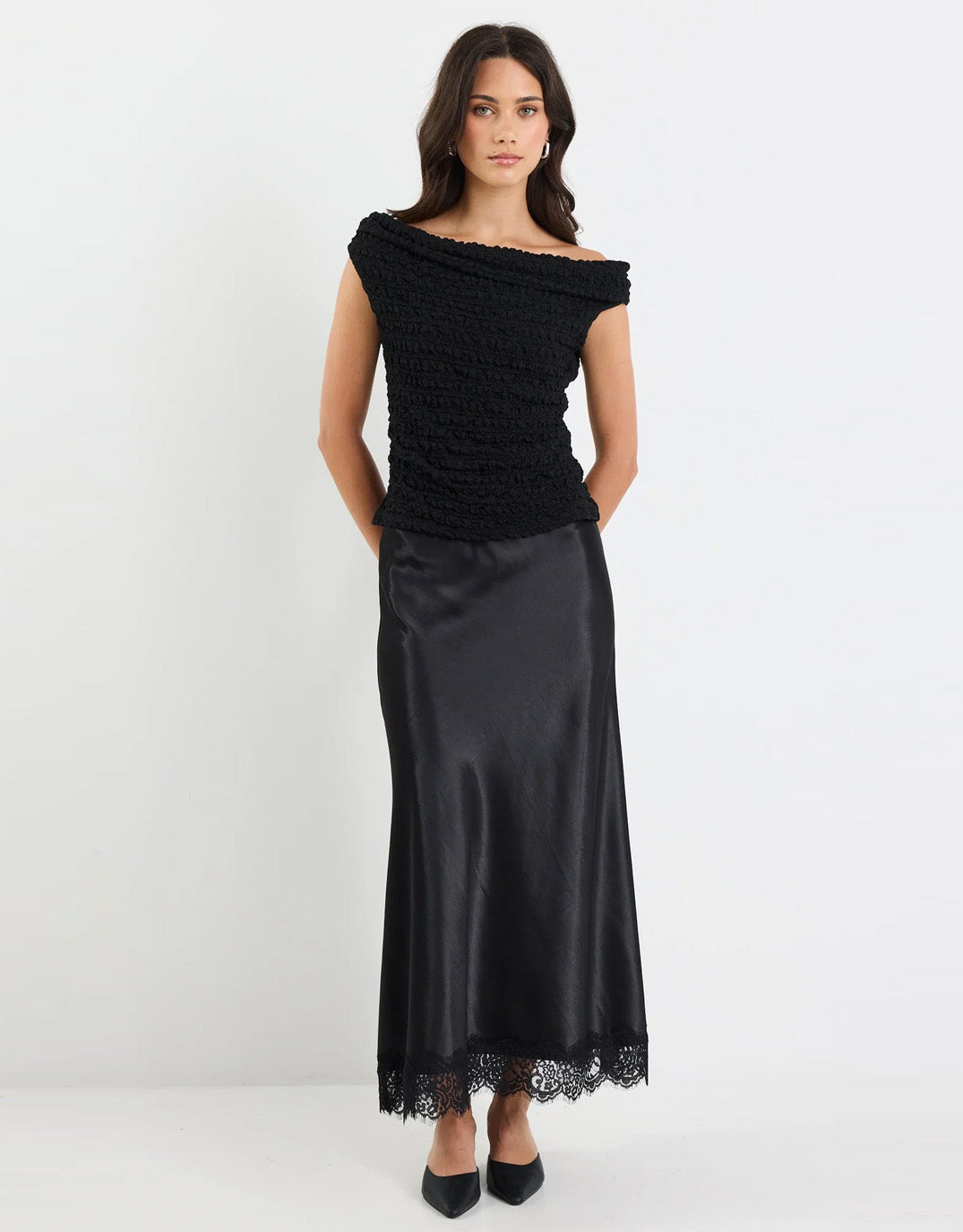 Georgia Zoe Margarita Satin Lace Trim Bias Maxi Skirt (Black)