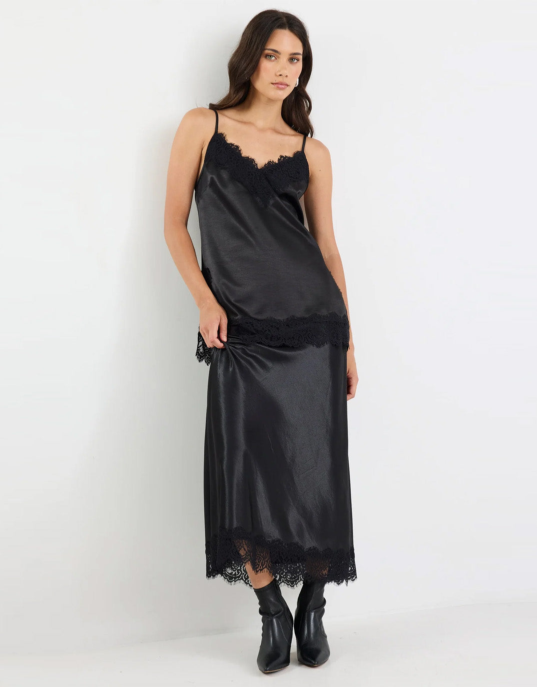 Georgia Zoe Margarita Satin Lace Trim Bias Maxi Skirt (Black)